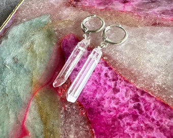 Clear quartz huggie earrings, silver huggie hoops, crystal hoop earrings, crystal earrings, quartz hoops, angel quartz