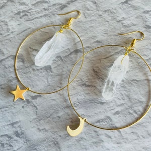 Moon Star Crystal Earrings, Crystal Star Earrings, Healing Crystal, Witchy Earrings, Celestial Jewelry, Crystal Hoop Earrings image 1