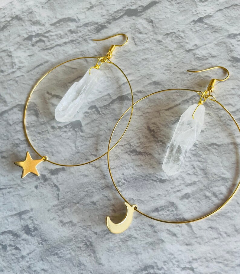 Moon Star Crystal Earrings, Crystal Star Earrings, Healing Crystal, Witchy Earrings, Celestial Jewelry, Crystal Hoop Earrings image 1