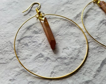 sunshine aura quartz hoop earrings| crystal hoop earrings | large gold hoop earrings | tangerine quartz earrings