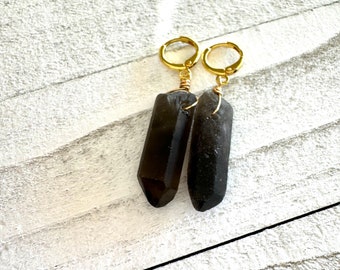 Black smokey quartz huggie earrings, gold huggie hoops, crystal hoop earrings, crystal earrings, quartz hoops, smokey quartz