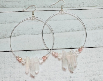 Crystal Quartz Earrings | Silver Hoops | Crystal Earrings | Healing Crystal Earrings | Crystal Hoop Earrings | Quartz Hoops | Boho | Pink