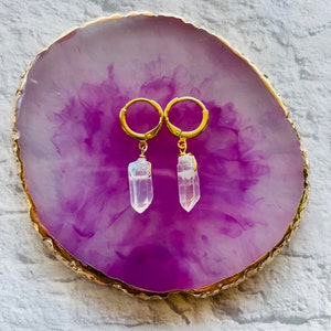 angel aura quartz huggie earrings, gold huggie hoops, crystal hoop earrings, crystal earrings, quartz hoops, angel aura quartz