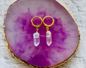 angel aura quartz huggie earrings, gold huggie hoops, crystal hoop earrings, crystal earrings, quartz hoops, angel aura quartz