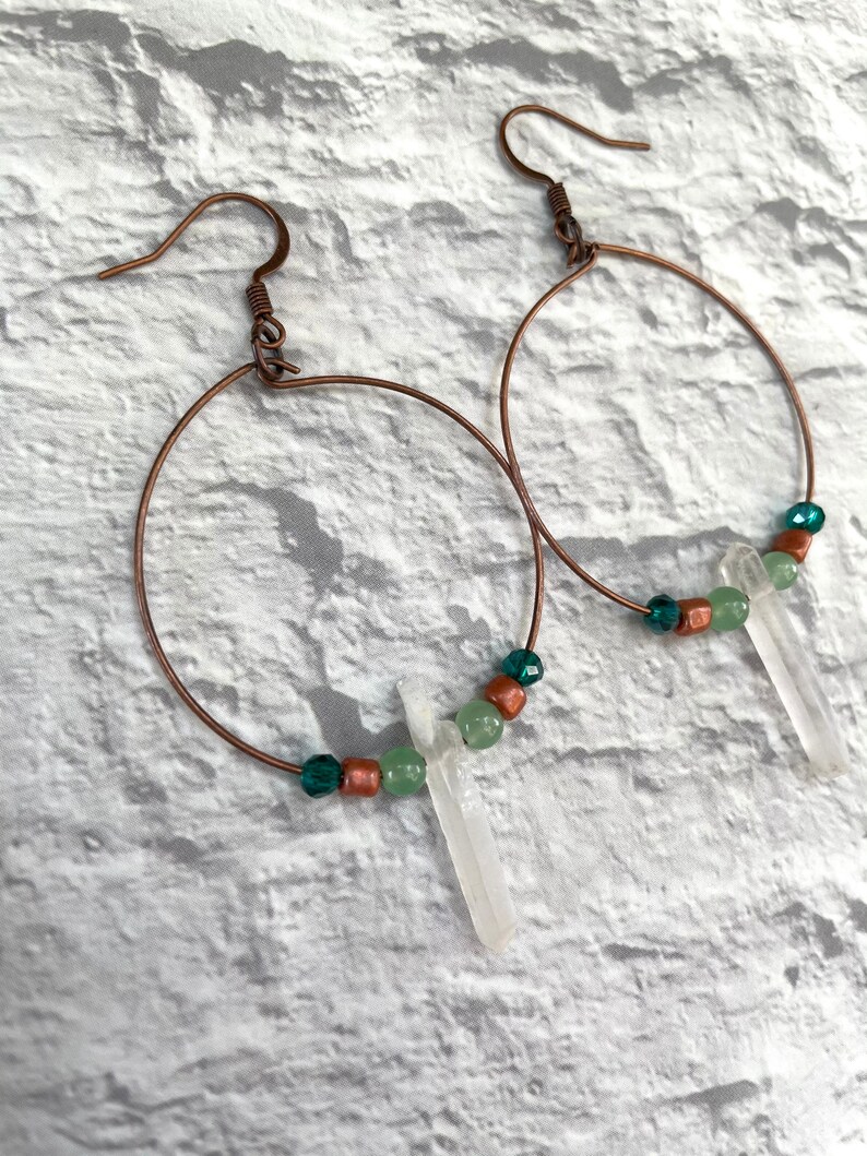 Raw Quartz Crystal Hoop Earrings, Raw Stone Earrings, Crystal and Beaded Hoop Earrings, Gifts for her image 2