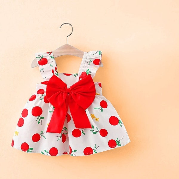 Cotton summer dress for girls,Knee length.With fruit print and bowknot.Summer dress for girls.Breathable and comfortable baby clothes.Print