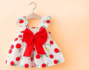 Cotton summer dress for girls,Knee length.With fruit print and bowknot.Summer dress for girls.Breathable and comfortable baby clothes.Print