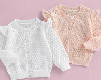 Adorable Knitted Long Sleeve Buttoned Sweater for Kids.Fall Winter Clothing in Pink&White.Cozy Sweater.Fashion for Children.Warm Clothes
