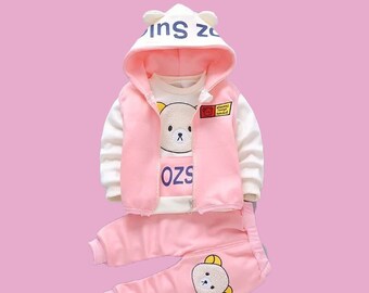 Autumn Winter Children's Clothing Set Thick Hooded Vest T-Shirt Pants Tracksuit for Toddlers Warm Children's Walking Suit Yellow Print