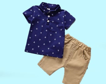 Ropa infantil Conjunto de ropa para niño Camiseta con ancla Pantalón corto beige Ropa de verano para niños Estampado de ancla Ropa infantil cómoda