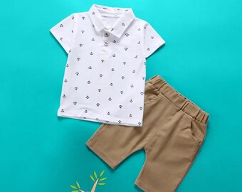 Ropa infantil Conjunto de ropa para niño Camiseta con ancla Pantalón corto beige Ropa de verano para niños Estampado de ancla Ropa infantil cómoda