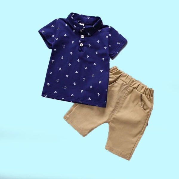 Vêtements pour enfants Ensemble de vêtements pour garçons T-shirt ancre Short beige Vêtements d'été pour enfants Imprimé ancre Vêtements confortables pour enfants