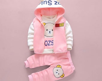 Winter Children's Clothing Set Thick Hooded Vest T-Shirt Pants Tracksuit for Toddlers Warm Children's Walking Suit Yellow Print