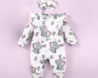 Baby jumpsuit animal print.With a drawing of an elephant and a koala. Iong-sleeved jumpsuit with headband.Casual Clothing for 0-18 months