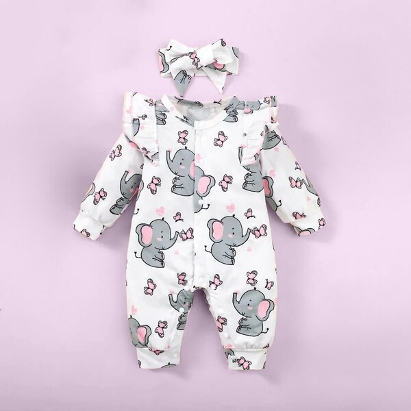 Baby jumpsuit animal print.With a drawing of an elephant and a koala. Iong-sleeved jumpsuit with headband.Casual Clothing for 0-18 months