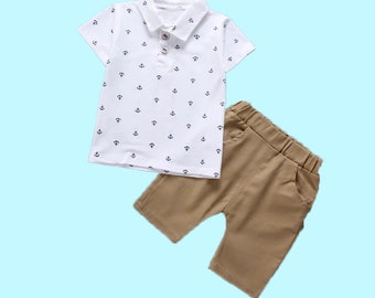 Ropa infantil Conjunto de ropa para niño Camiseta con ancla Pantalón corto beige Ropa de verano para niños Estampado de ancla Ropa infantil cómoda