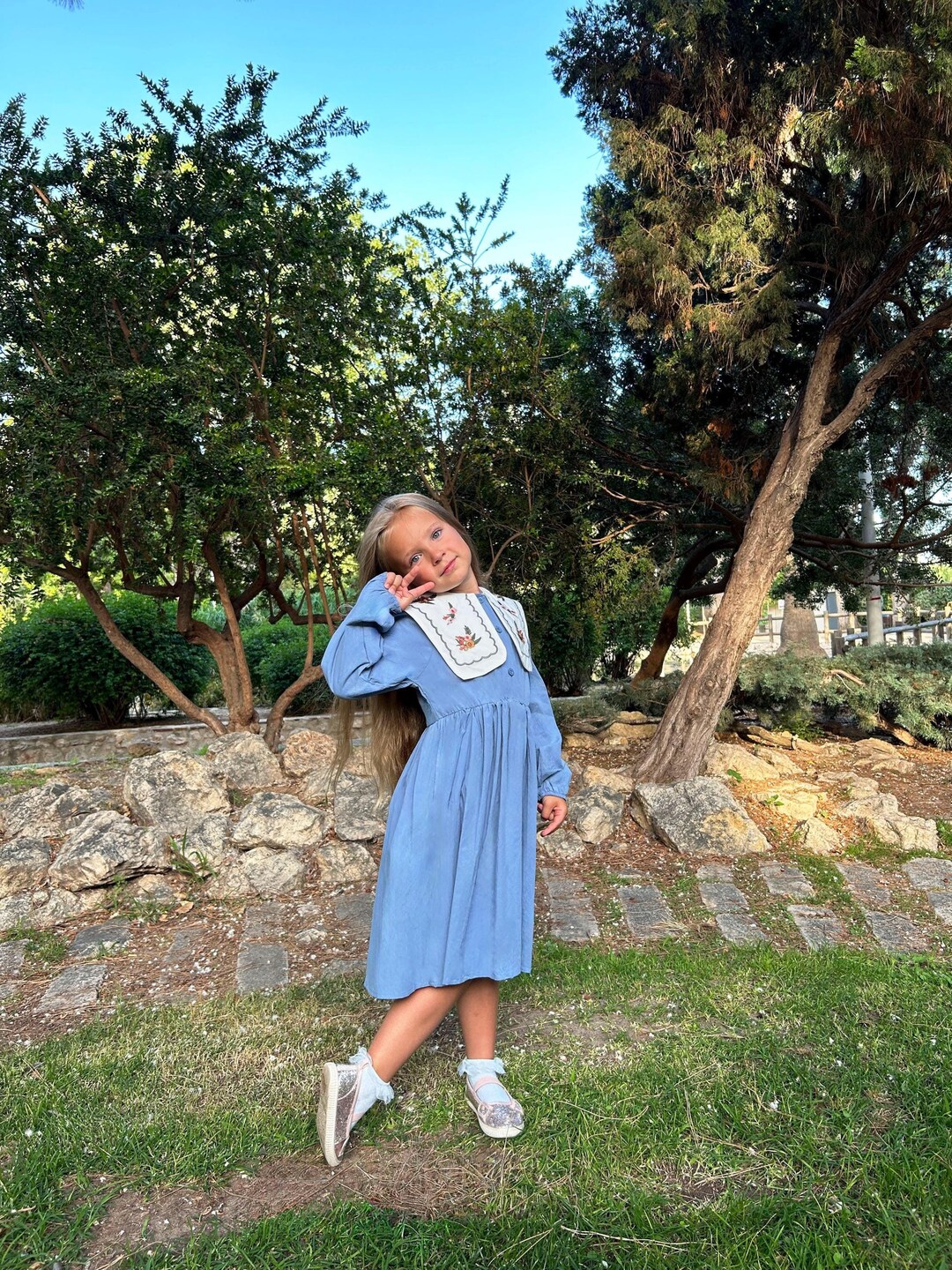 Girls Knee Length Embroidered Dress