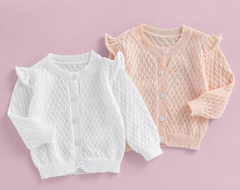 Adorable Knitted Long Sleeve Buttoned Sweater for Kids.Fall Winter Clothing in Pink&White.Cozy Sweater.Fashion for Children.Warm Clothes