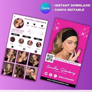 Cartões de visita fofos para maquiagem, unhas, cabelos, beleza, cílios, Instagram, cartões de visita editáveis Canva, cartões de visita com código QR, cartões de visita DIY, cartão