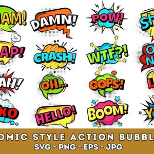 Comic Style Action Bubbles SVG Clipart - Comic Cartoon Style PNG Bundle - Comic Text Clipart - Commercial Use - Instant Download