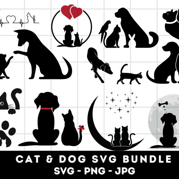 Cat and dog silhouette svg, Cat and dog silhouette, Cat and dog clipart, Friendship animal, Pet lovers svg