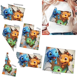 Lot de 7 cartes des États-Unis au format PNG Lots de dinosaures 3D États-Unis T-shirt dinosaure pour enfants Oregon Utah Nevada Montana Wyoming Washington Lot de 7