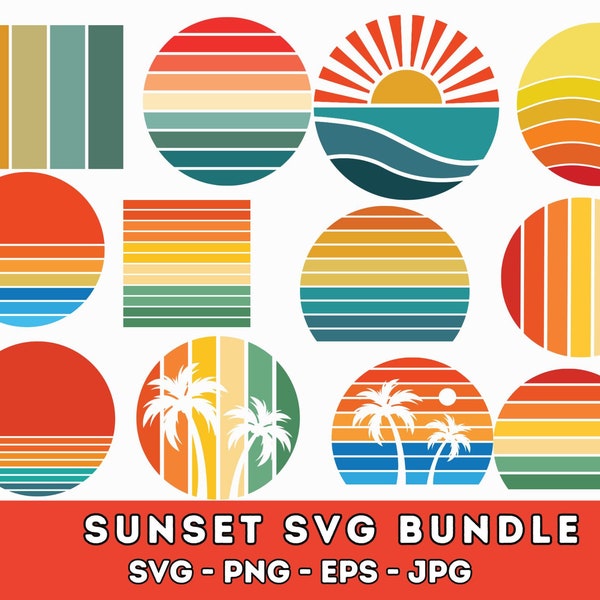 Retro Sunset SVG Bundle,Vintage Palm Tree Sunset,Vintage Retro Sunset PNG,Retro Circle SVG,Distressed Sunset,Retro Sunset T-Shirt Designs