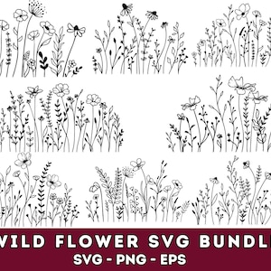 Bundle Svg de fleurs sauvages, prairie de fleurs Svg, bordure de fleurs SVG, bouquet de fleurs minimaliste, clipart fleurs sauvages, fleur croquis Svg