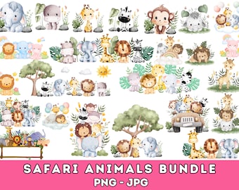 Safari animales acuarela clipart \ Safari animales svg \ Safari animales png \ baby shower svg\ animales lindos png \ safari animales contorno svg