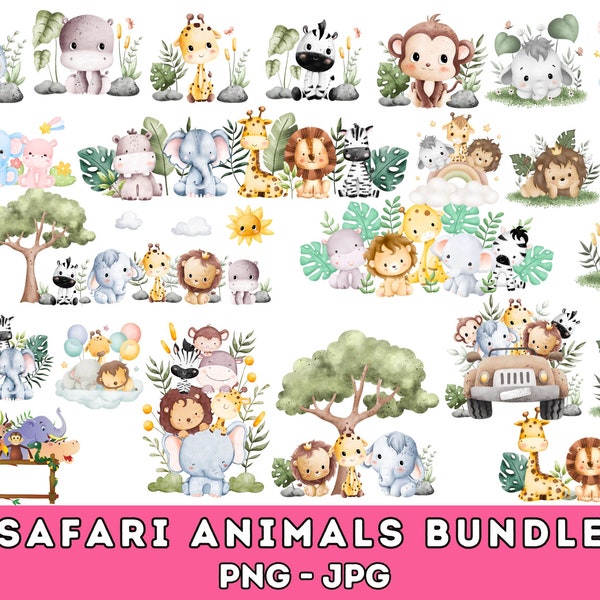 Clipart aquarelle animaux de safari \ animaux de safari svg \ animaux de safari png \ baby shower svg \ animaux mignons png \ animaux de safari contour svg