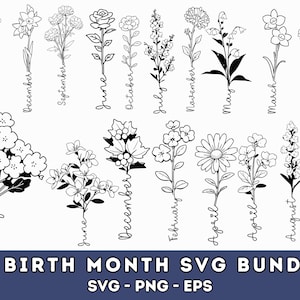 誕生月の花 SVG | 誕生日の花 SVG | 誕生花 SVG バンドル | 誕生花モノグラム SVG | DIY 誕生月の花 SVG | DIY ギフト