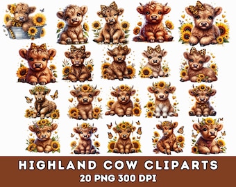 Watercolor Sunflower Highland Cows Collection Clipart, 10 PNG Spring Flowers Clipart, Baby Animal, Baby Cow Clipart Bundle, Commercial Use