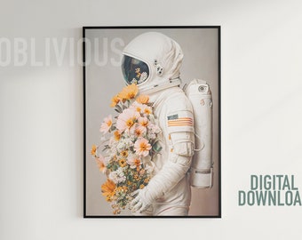 Printable Art Instant Download - Astronaut with Flowers - Unique Home Decor Digital Print Boho Eclectic Wall Art for Your Space - 00002