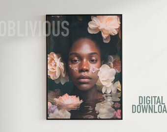 Printable Art Instant Download - Black Woman Waterlily - Unique Home Decor Digital Print Eclectic Wall Art for Your Space - DIY Gallery Wall