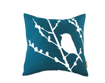 Dark Teal Bird on Cherry Blossom - Mini 10.5 Inches Square Pillow