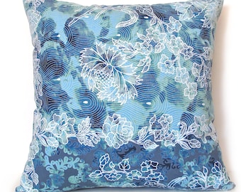 Blue Floral Batik Pillow Cover: 16" Square Cotton Throw