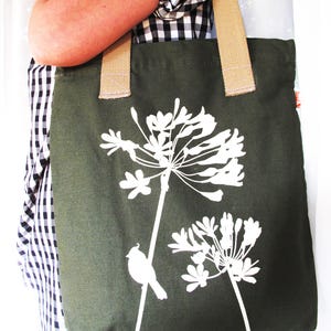 SALE Army Green Cardinal on Agapanthus Shoulder Tote Bag image 2