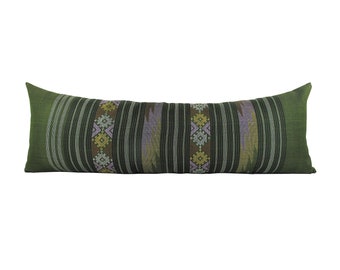 Olive Green Water Flow Pattern Hand Woven Textile Lumbar Pillow - Tapestry Weaving Boho Pillow.