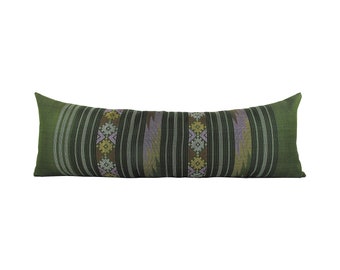 Olive Green Water Flow Pattern Hand Woven Textile Lumbar Pillow - Tapestry Weaving Boho Pillow.