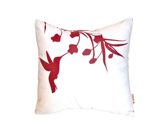 Red Print on White Cotton Hummingbird with Eucalyptus - Mini 10.5 Inches Square Pillow