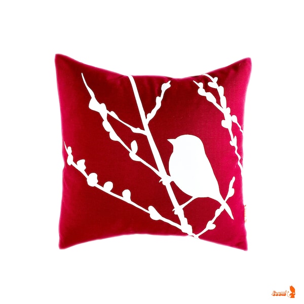 Red Bird on Cherry Blossom - Mini 10.5 Inches Square Pillow