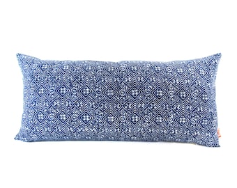 Blue Batik Indigo Hmong Textile Linen Lumbar Pillow - Bohemian Zipper Rectangle Pillow - Boho Linen Decorative Pillow- Down Filler Included