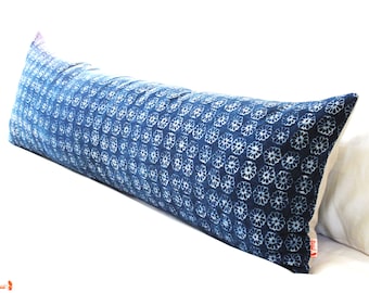 Hmong Indigo Hand Block Batik Textile Flower Pattern Long Lumbar Zipper Pillow - Long Lumbar Pillow