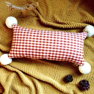 SALE - Limited Edition Pom Pom Handwoven Gingham Cotton Lumbar Pillow - Bohemian Rectangle Cotton Linen Decorative Pillow