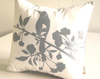 Grey Print on Off white Blooming Blossom-Mini 10.5 Inches Square Pillow