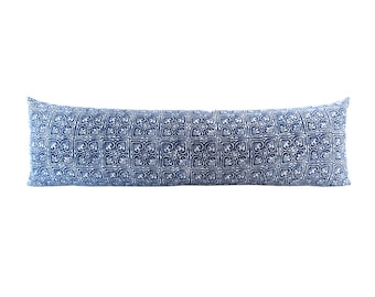 Hmong Indigo Hand Block Batik Flower Pattern Zipper Long Lumbar Pillow