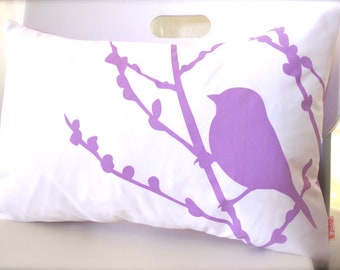 Lavender Purple Print on Off-white Bird on Cherry Blossom Pillow