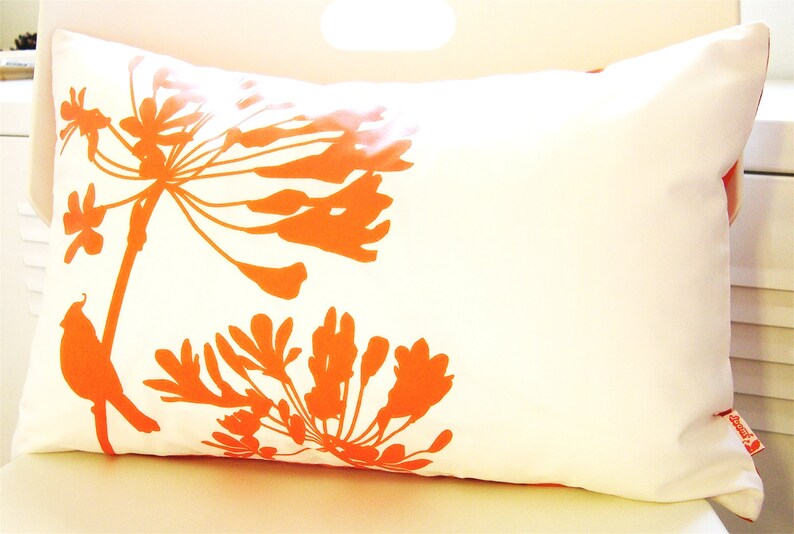 Orange Print on Off White Cardinal on Agapanthus Rectangle Pillow image 2