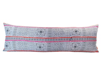 Hmong Printed Hill Tribe Embroidered Long Lumbar Pillow - Bohemian Decorative Pillow.