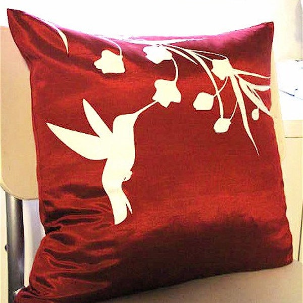 Red Hummingbird with Eucalyptus  17 inches Square Pillow Cover